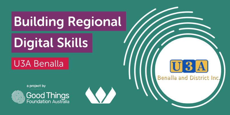 Text reads "Building Regional Digital Skills. Merredin Community Resource Centre." Good Things Foundation Australia, Wesfarmers, and U3A Benalla logos.