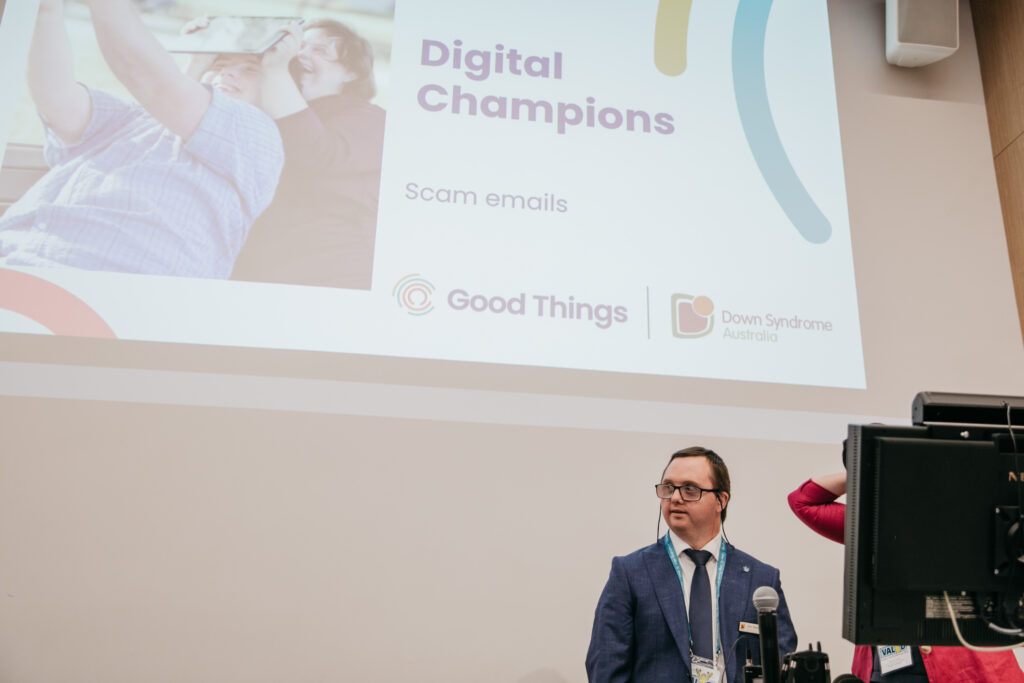 Digital Champion presenting in front of big screen