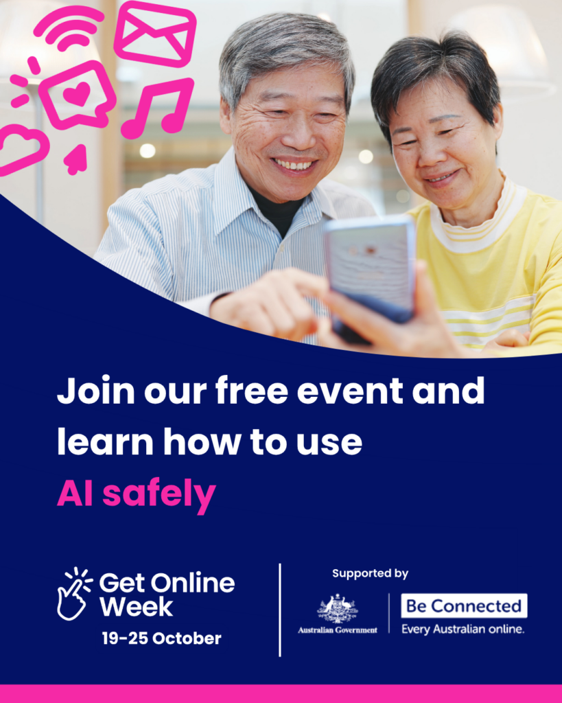 Join our free event and learn how to use AI safely Instagram social media tile of two middle aged people and decorative images. Get Online Week logo and Be Connected logo.