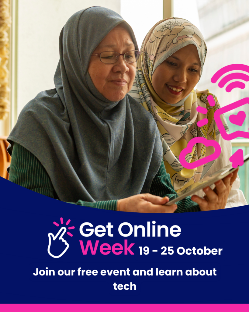 Get Online Week 19-25 October 2026, Join our free event and learn about tech Instagram social media tile of two happy middle aged women and decorative images