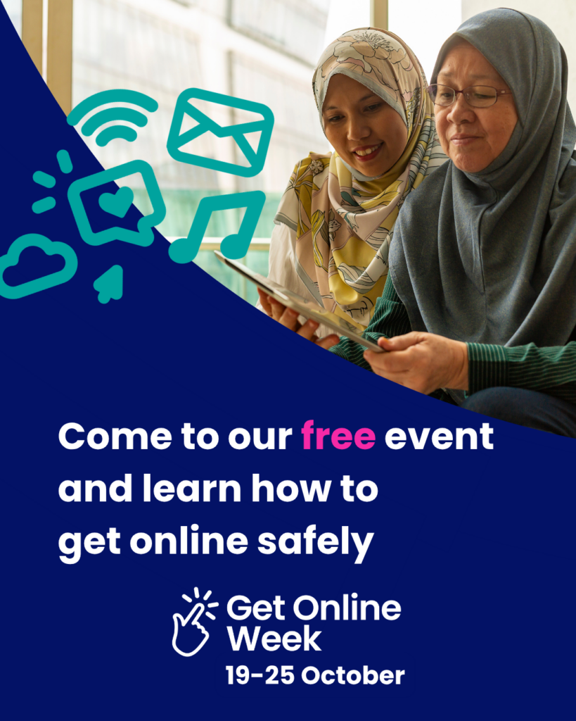 Get Online Week 19-25 October 2026, Come to our free event and learn how to get online safely Instagram social media tile of two happy middle aged women and decorative images