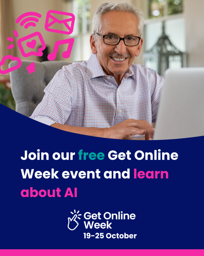 Join our free Get Online Week event and learn about AI Instagram social media tile of two happy middle aged women and decorative images