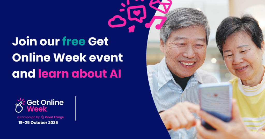 Join our free Get Online Week event and learn about AI landscape social media tile with two senior people using a smart phone. Get Online Week logo and space to add your organisation’s logo