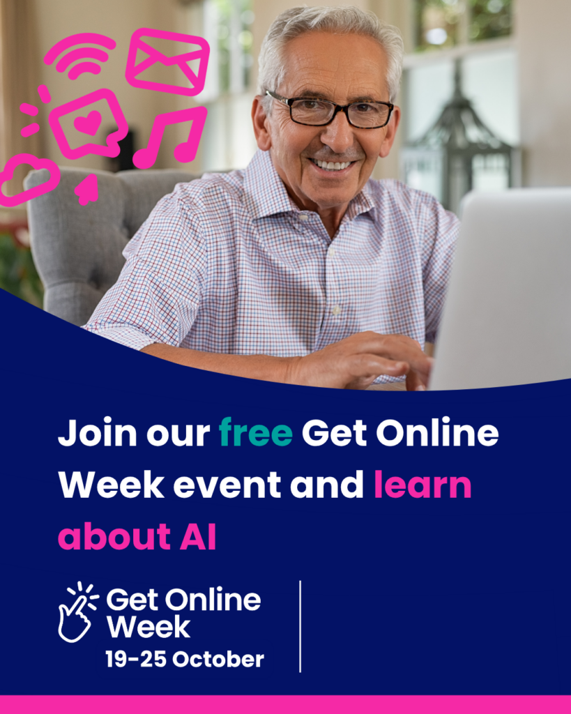 Join our free Get Online Week event and learn about AI Instagram social media tile of happy senior man on laptop and decorative images. Get Online Week logo and space for organisation’s logo