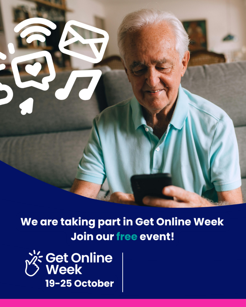 Join our free Get Online Week event and learn about AI Instagram social media tile of happy senior man on his smart phone and decorative images. Get Online Week logo and space for organisation’s logo