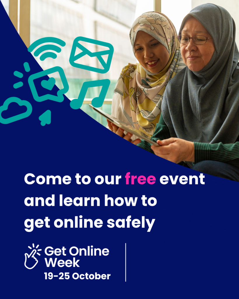 Join our free Get Online Week event and learn about AI Instagram social media tile of happy middle aged women on devices and decorative images. Get Online Week logo and space for organisation’s logo