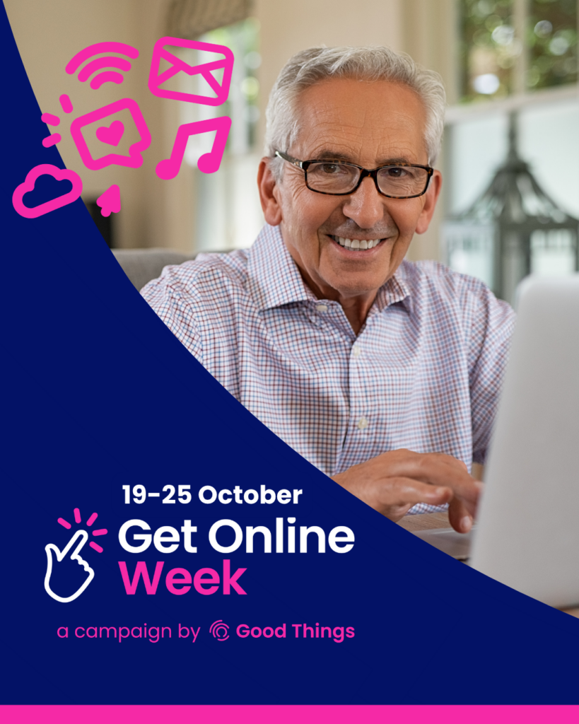 Get Online Week 19-25 October 2026 Instagram social media tile of a happy senior man using a laptop and decorative images