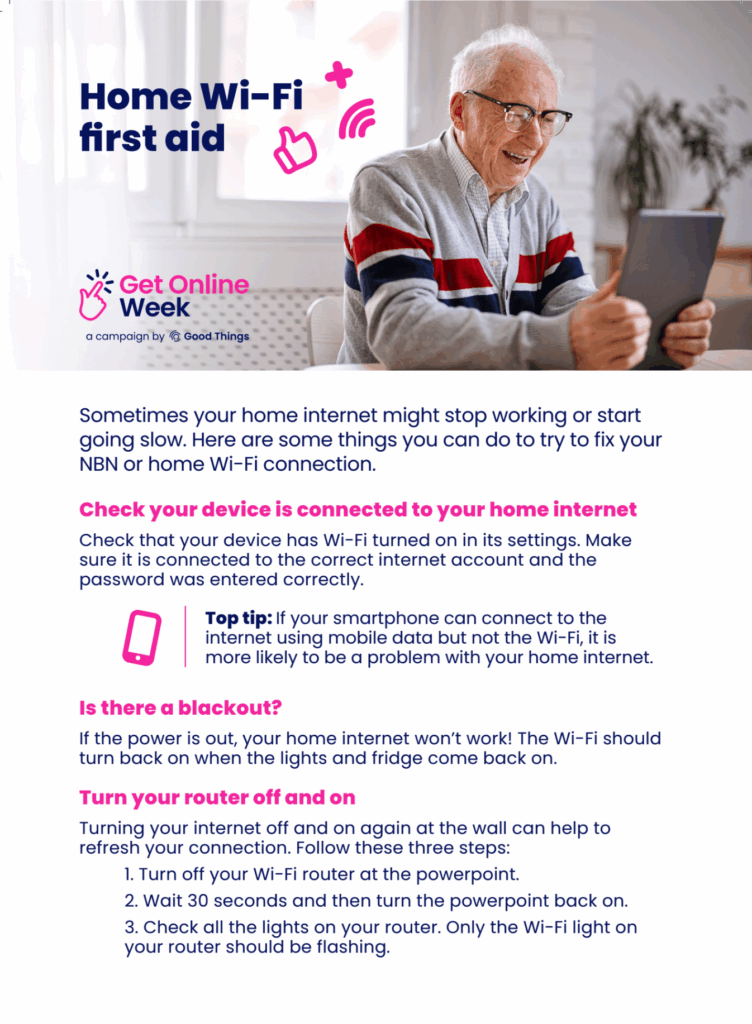 Get Online Week screenshot of tip sheet on home Wi-Fi first aid