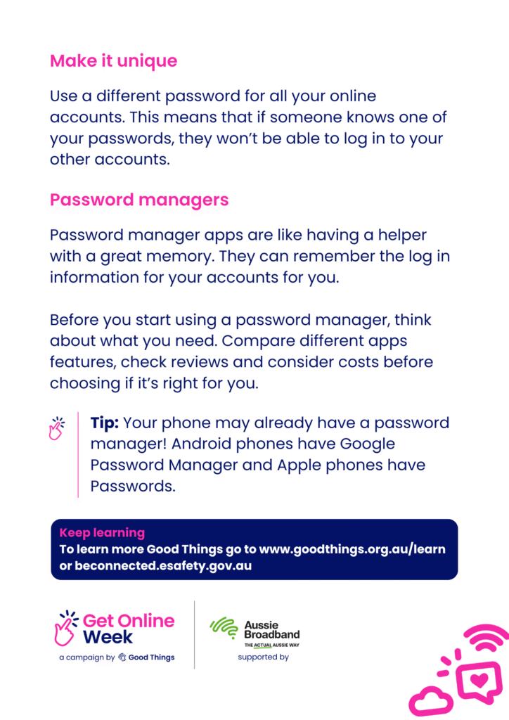 Screenshot of How to make strong passwords tipsheet