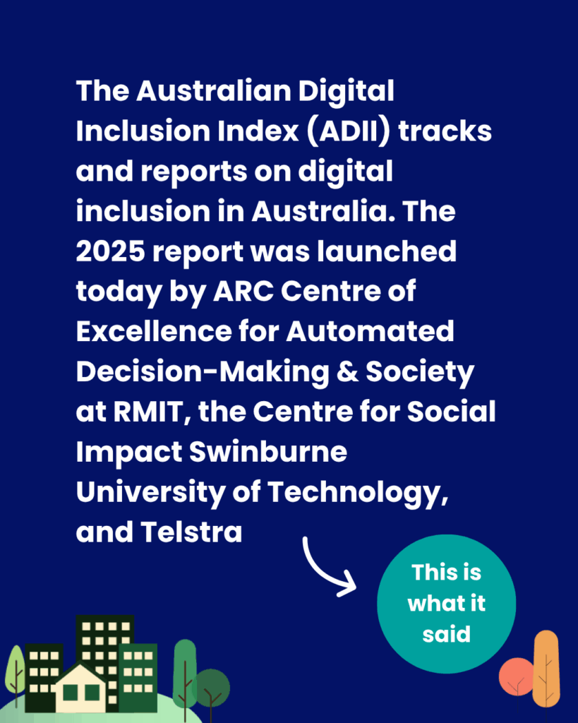 The Australian Digital Inclusion Index (ADII) tracks and reports on digital inclusion in Australia. The 2025 report was launched today by ARC Centre of Excellence for Automated Decision-Making & Society at RMIT, the Centre for Social Impact Swinburne University of Technology, and Telstra This is what it said