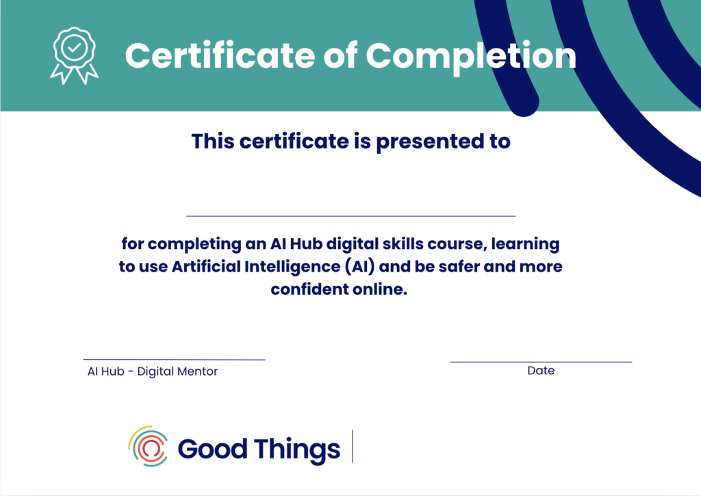 Image of the AI Hub Certificate of Completion, with blank space to add organisation logo