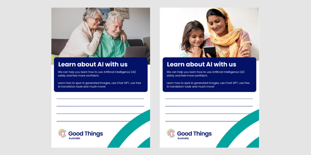 Two posters with 'learn about AI with us' heading