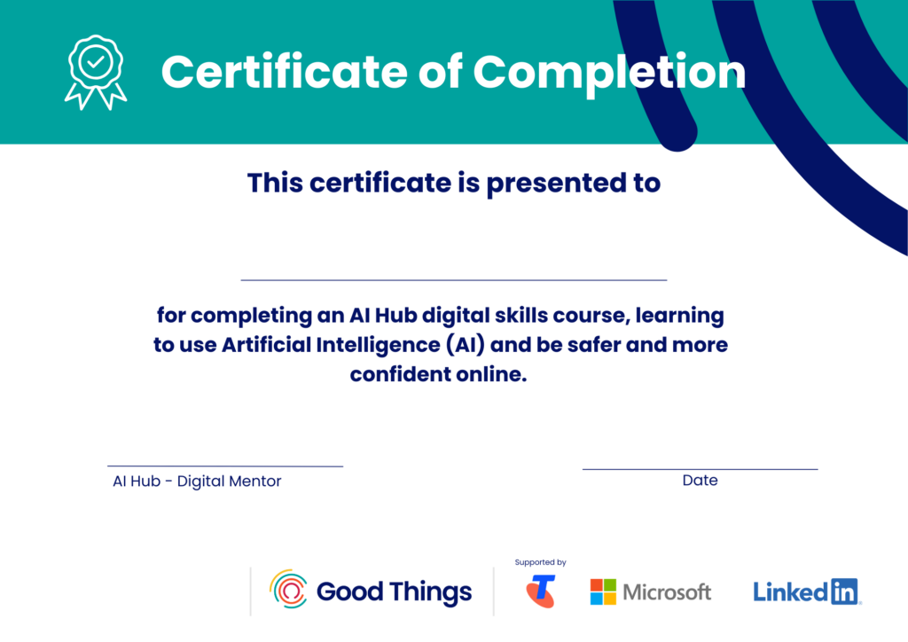 Certificate with space for AI Hub co brand