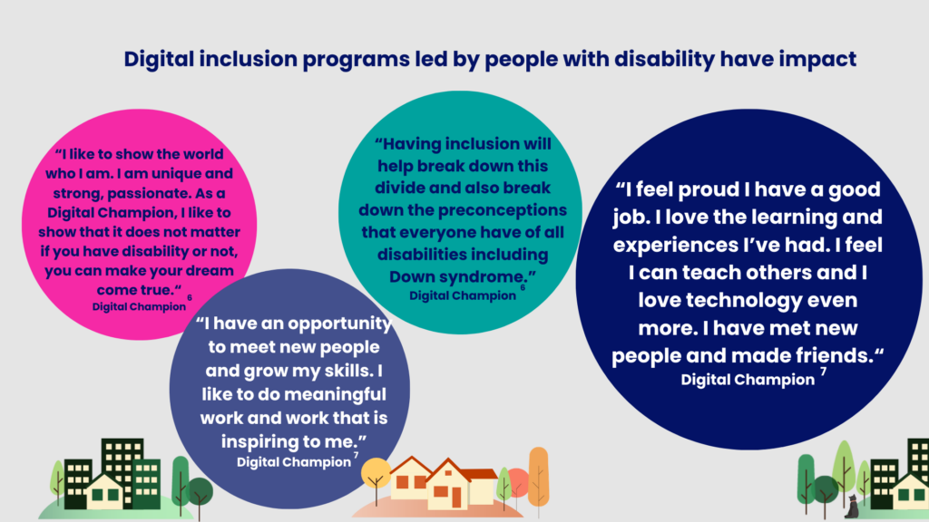 Digital inclusion programs led by people with disability have impact
“I like to show the world who I am. I am unique and strong, passionate. As a Digital Champion, I like to show that it does not matter if you have disability or not, you can make your dream come true.“
Digital Champion

“Having inclusion will help break down this divide and also break down the preconceptions that everyone have of all disabilities including Down syndrome.”
Digital Champion

“I feel proud I have a good job. I love the learning and experiences I’ve had. I feel I can teach others and I love technology even more. I have met new people and made friends.“
Digital Champion

“I have an opportunity to meet new people and grow my skills. I like to do meaningful work and work that is inspiring to me.”
Digital Champion