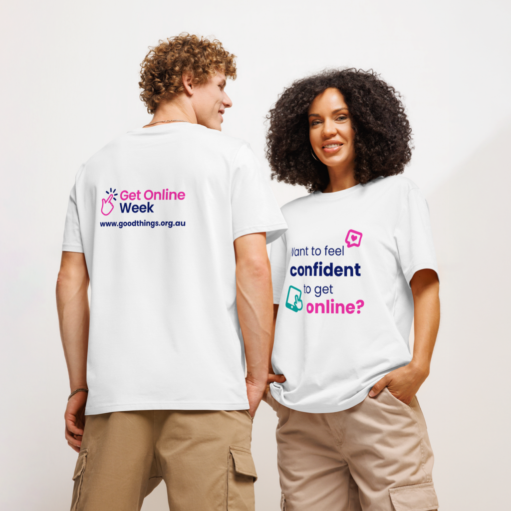 Two people wearing a Get Online Week tshirt (mock up). Tshirt has slogan on front and Get Online Week logo on back.
