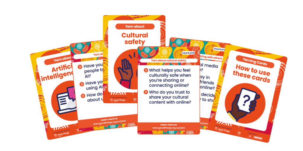 Yarning Cards contain questions on topics like AI and Cultural Safety