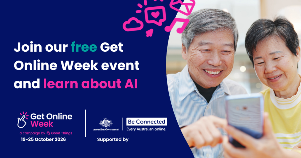 Join our free Get Online Week event and learn about AI landscape social media tile with two happy middle aged people looking at a smart phone. Get Online Week and Be Connected logo