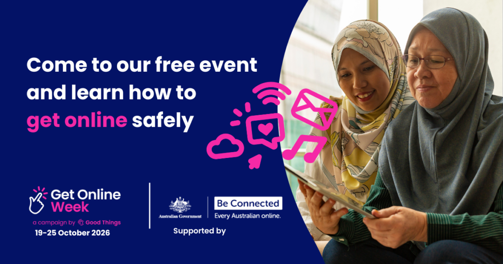 Come to our free event and learn how to get online safely landscape social media tile with two happy middle aged people looking at a smart phone. Get Online Week and Be Connected logo