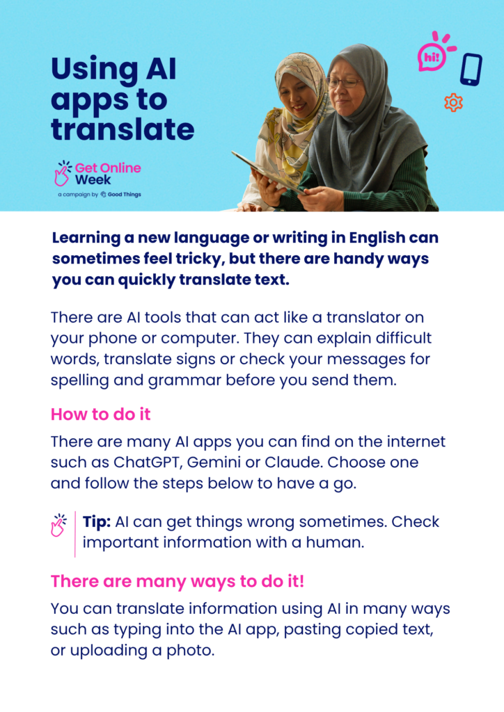 Screenshot of Using AI apps to translate tipsheet