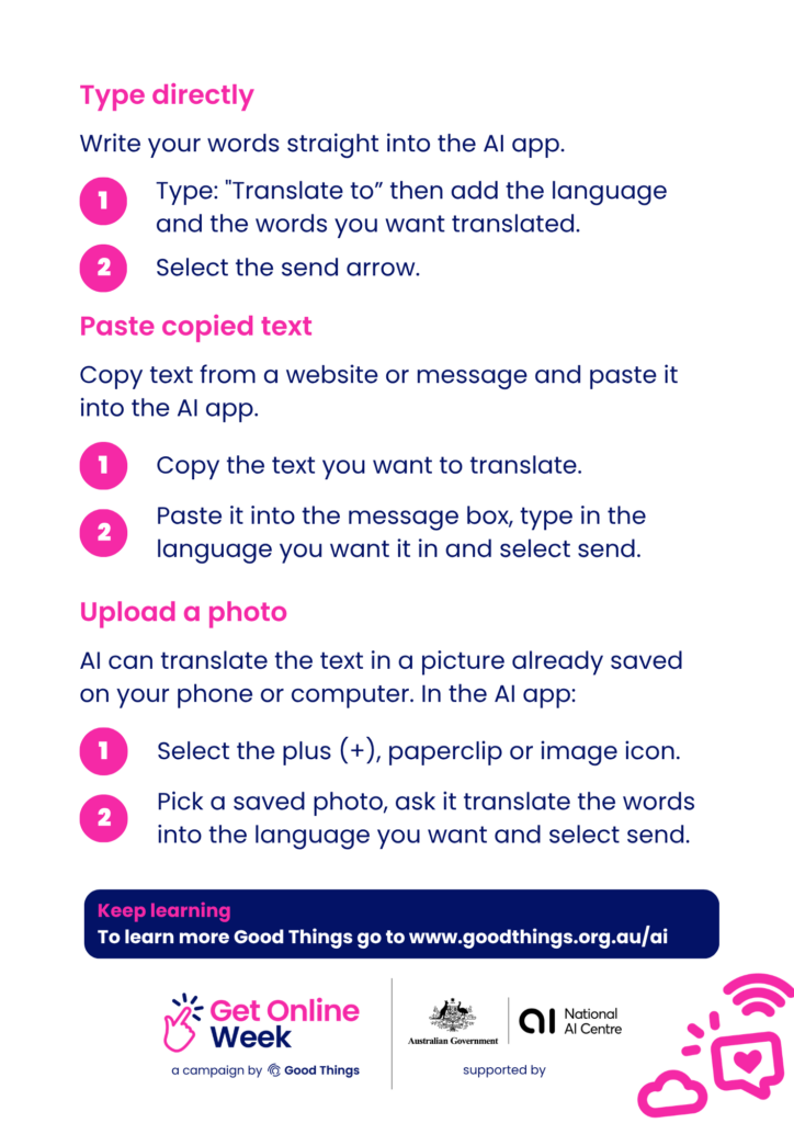 Screenshot of Using AI apps to translate tipsheet